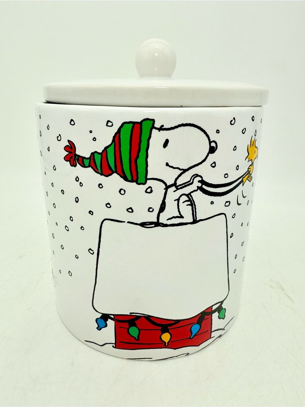 Peanuts Holiday Snoopy Ceramic Canister in White with Red & Green Accents